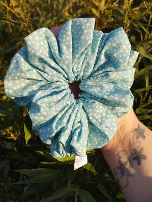 Aqua Stitch Jumbo Scrunchie, front view showing the gathered shape