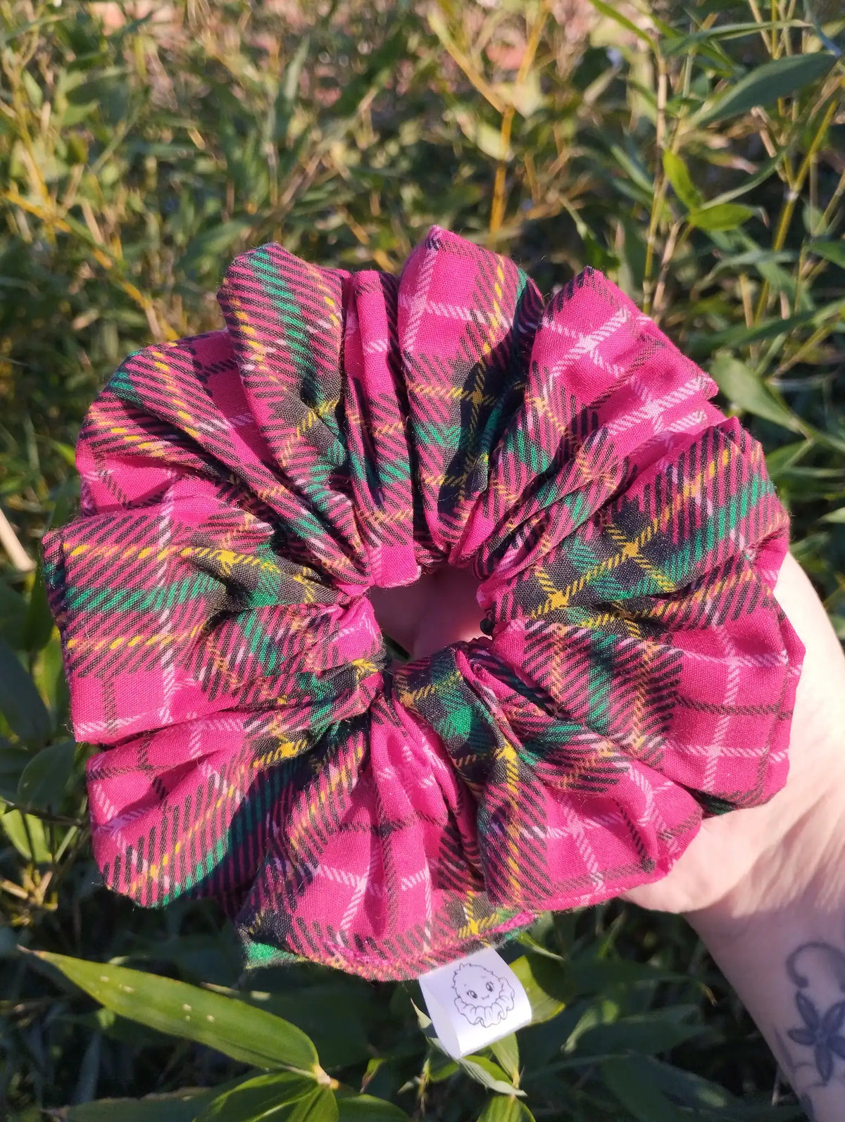 Berry Tartan Jumbo Scrunchie, front view showing the gathered shape