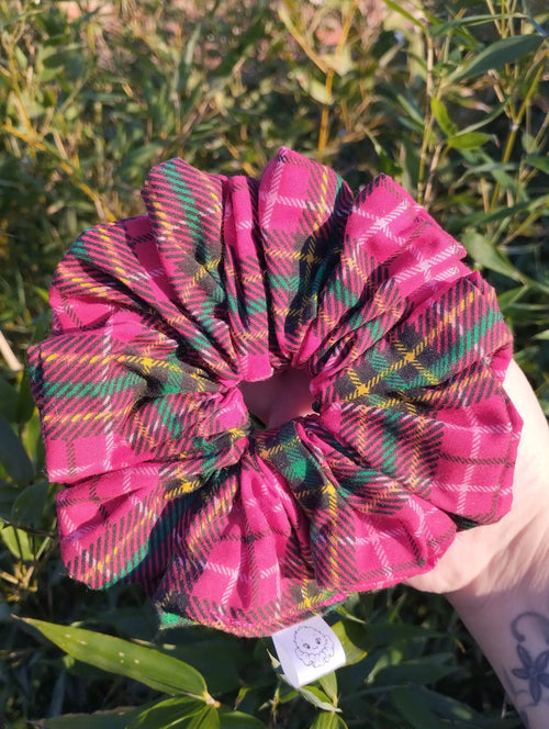 Berry Tartan Jumbo Scrunchie, front view showing the gathered shape