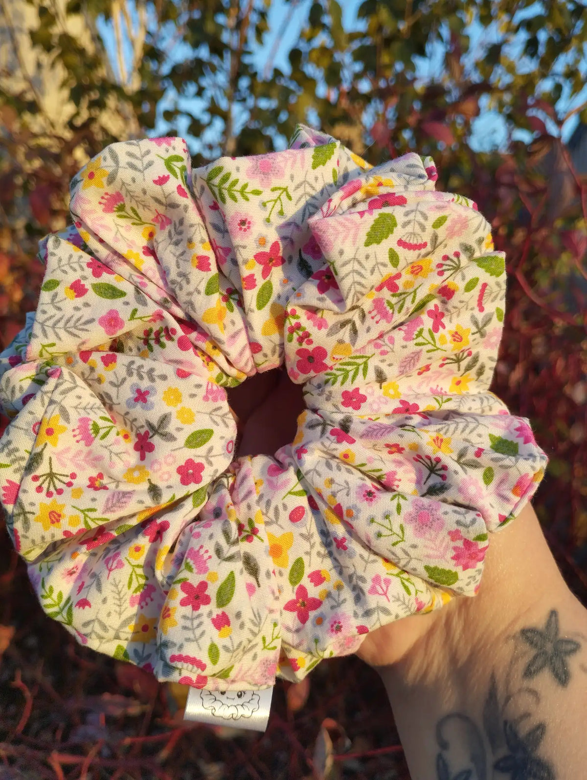 Blossom Meadow Jumbo Scrunchie, front view showing the gathered shape