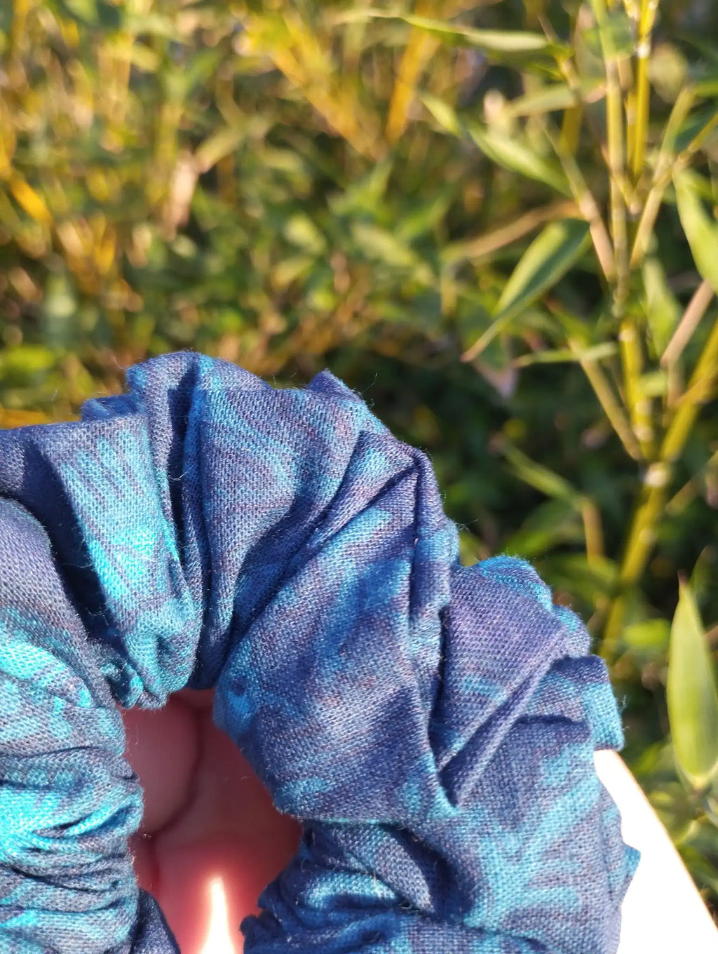 Close-up of the fabric texture and pattern on Blue Garden Medium Scrunchie