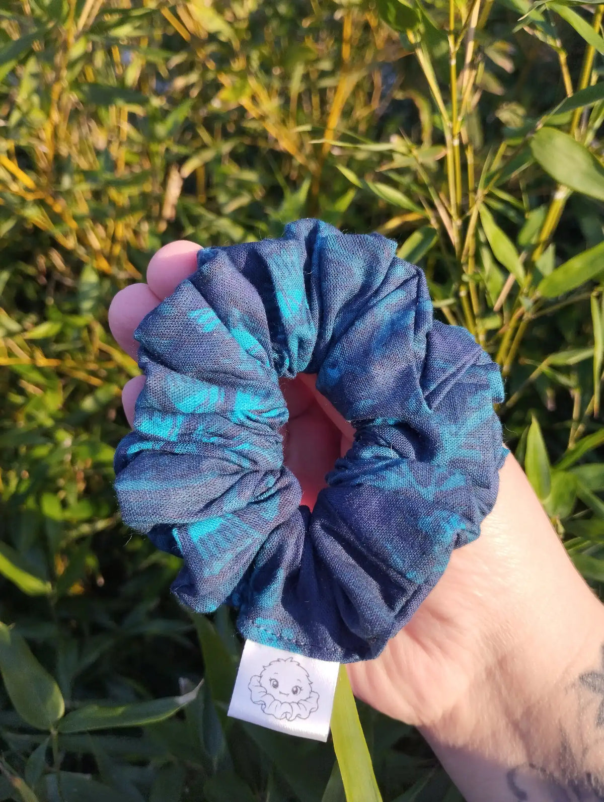 Blue Garden Medium Scrunchie, front view showing the gathered shape