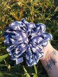 Blue Leaf Jumbo Scrunchie, front view showing the gathered shape