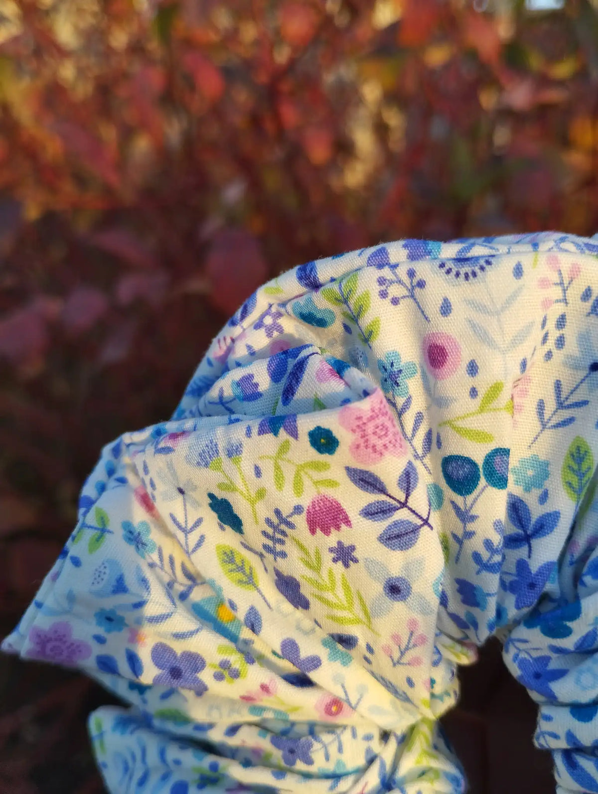 Close-up of the fabric texture and pattern on Bluebell Meadow Jumbo Scrunchie