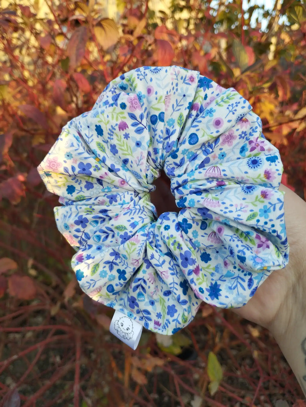 Bluebell Meadow Jumbo Scrunchie, front view showing the gathered shape