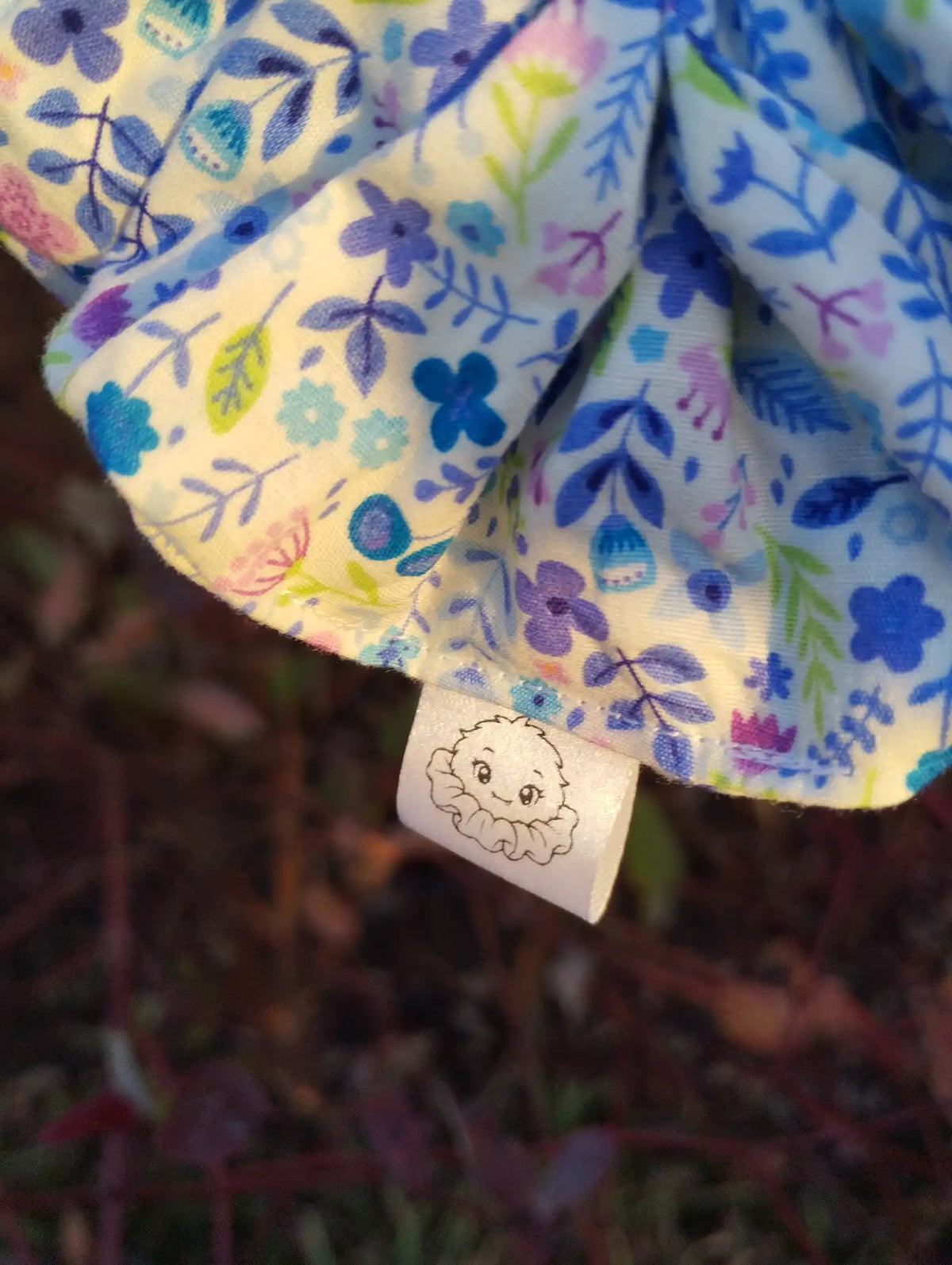Scrunchlings character label and stitching on Bluebell Meadow Jumbo Scrunchie