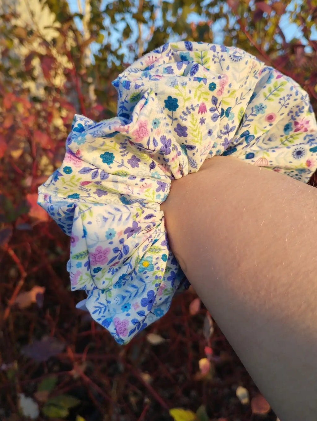 Bluebell Meadow Jumbo Scrunchie, alternate wrist view