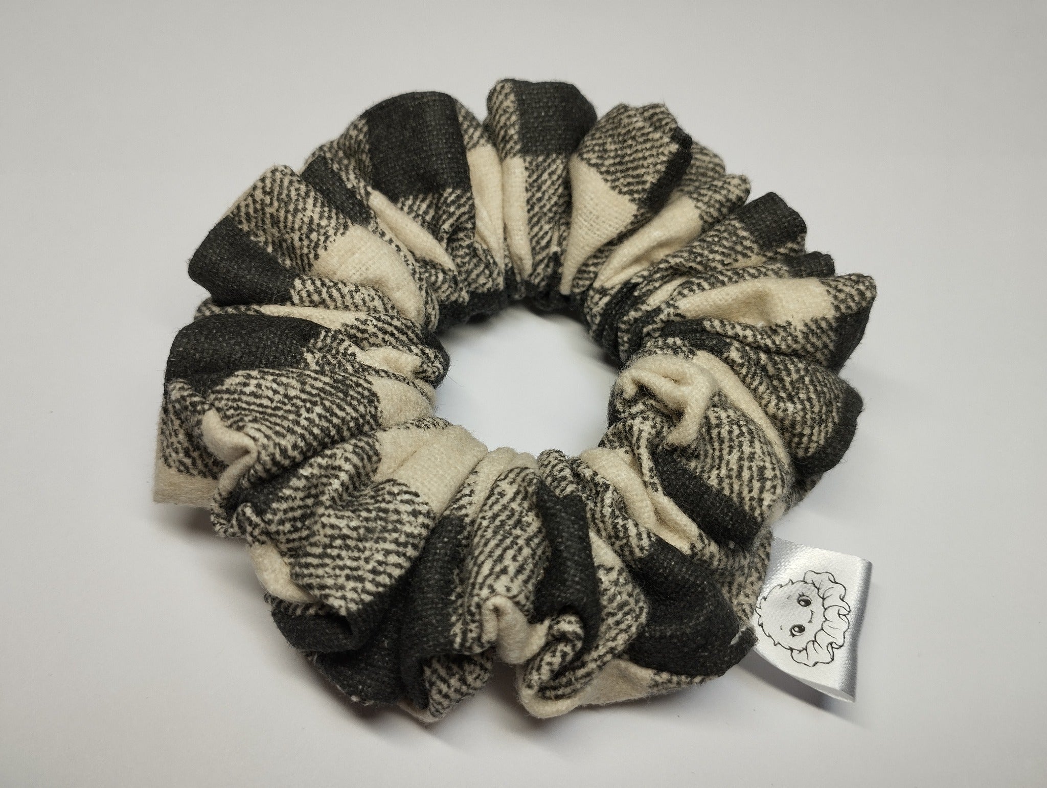 Charcoal Plaid medium scrunchie handmade in Cumbria by Scrunchlings