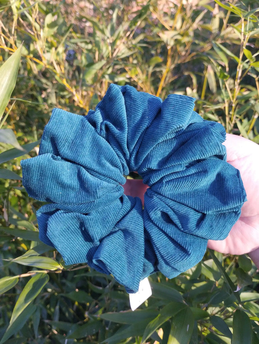 Deep Teal Jumbo Scrunchie, front view showing the gathered shape