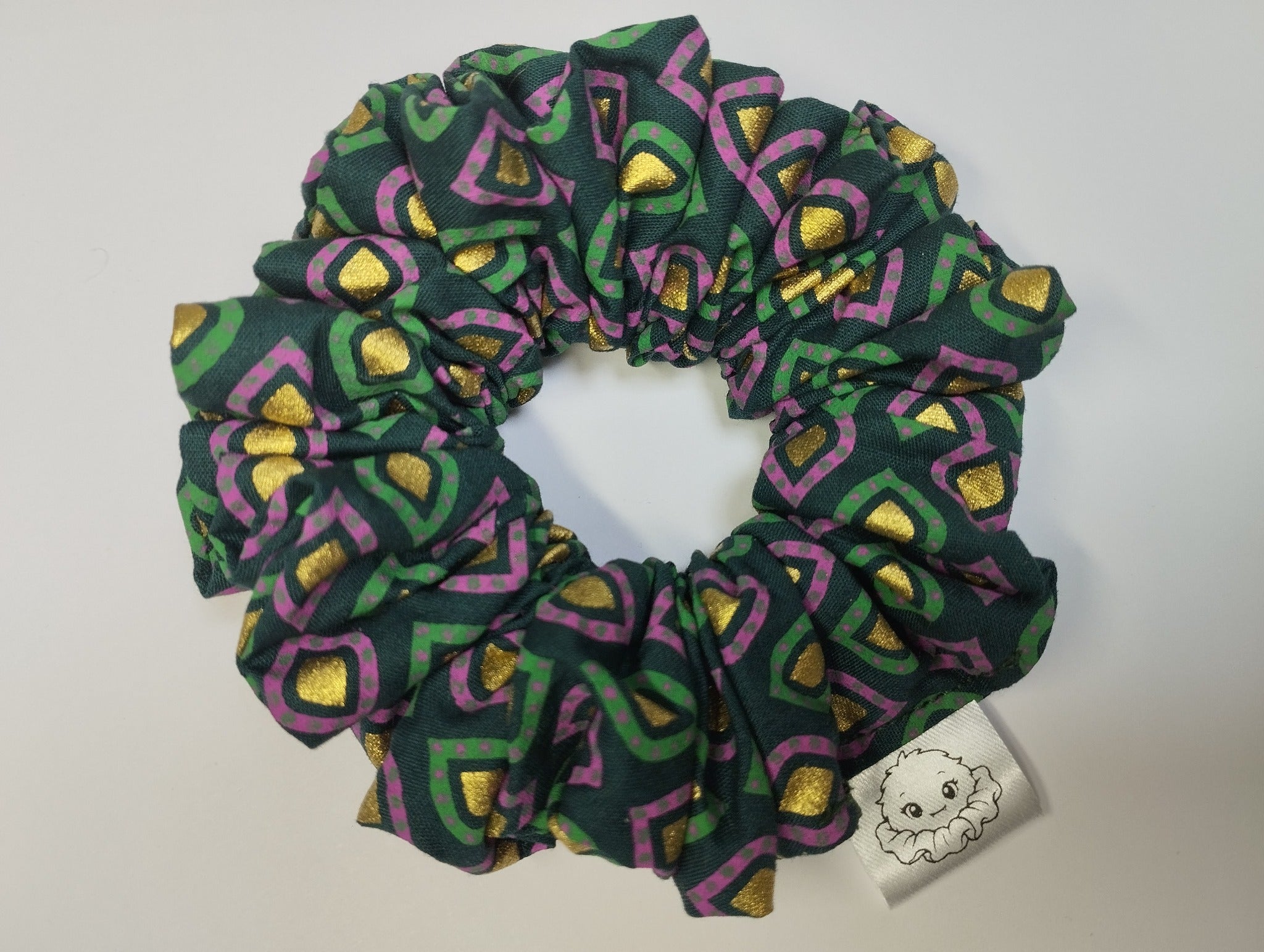 Emerald Mosaic medium scrunchie handmade in Cumbria by Scrunchlings