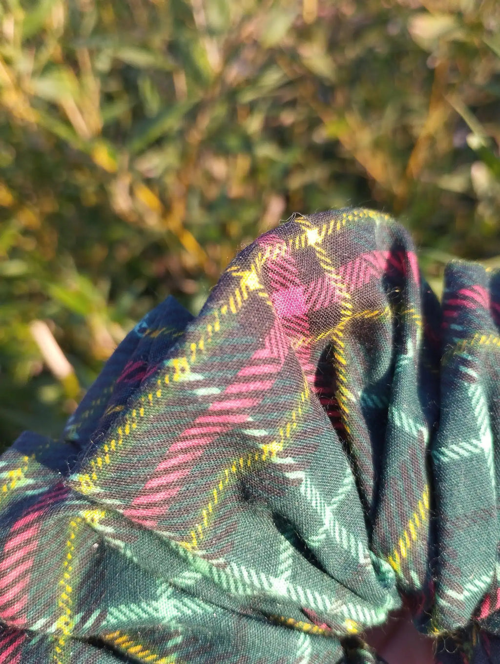 Close-up of the fabric texture and pattern on Forest Tartan Jumbo Scrunchie