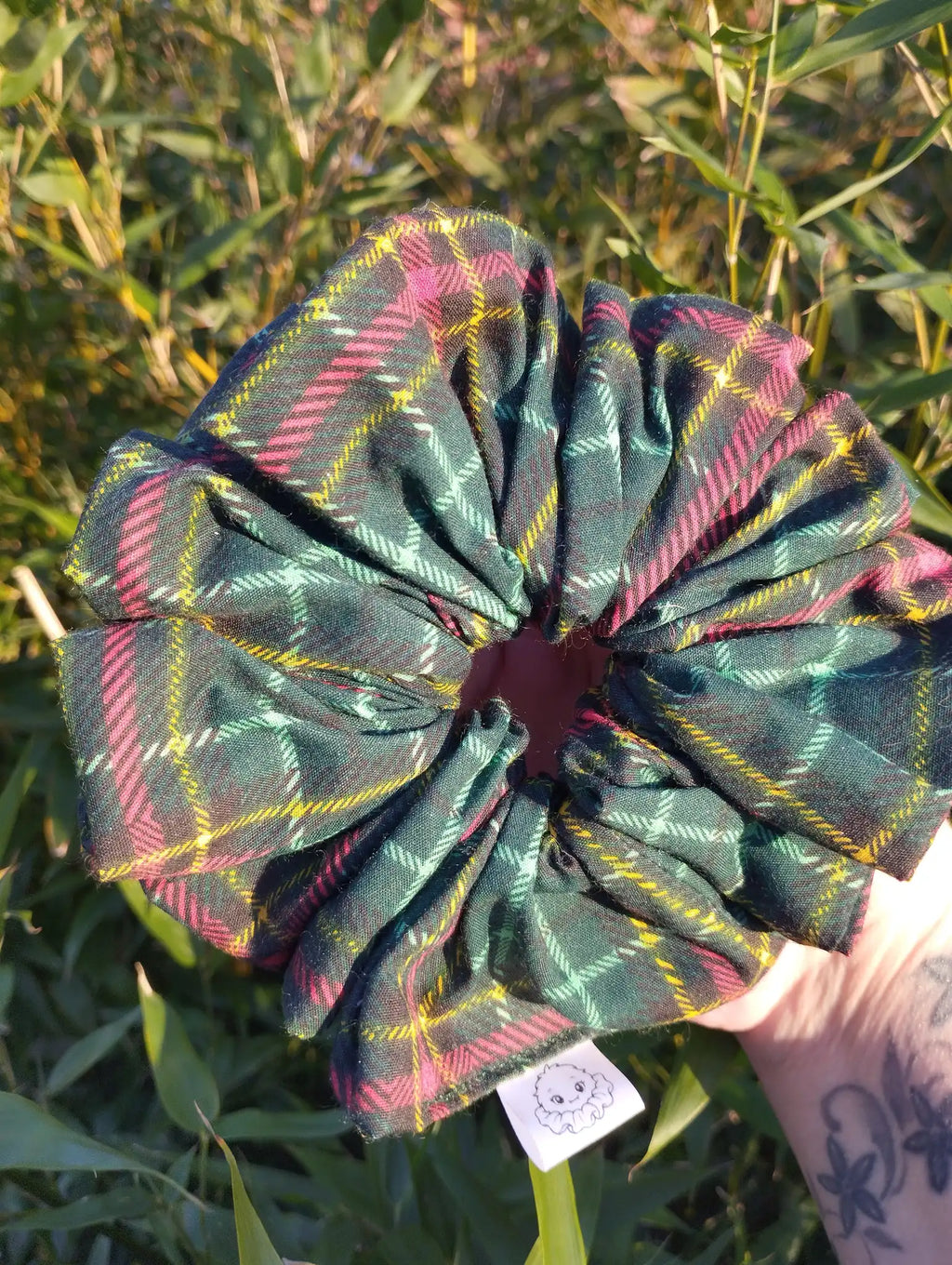 Forest Tartan Jumbo Scrunchie, front view showing the gathered shape