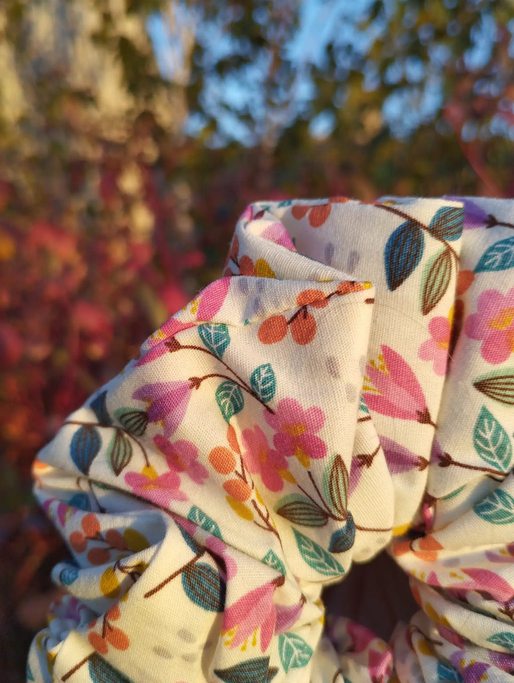 Close-up of the fabric texture and pattern on Garden Party Jumbo Scrunchie