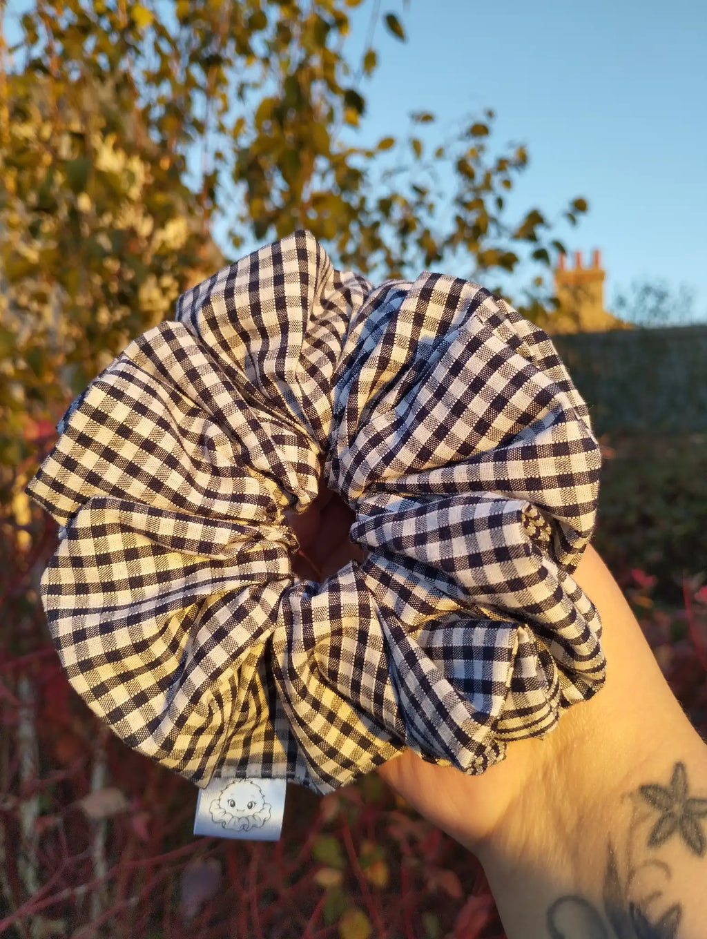 Ink Gingham Jumbo Scrunchie, front view showing the gathered shape