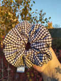 Ink Gingham Jumbo Scrunchie, front view showing the gathered shape
