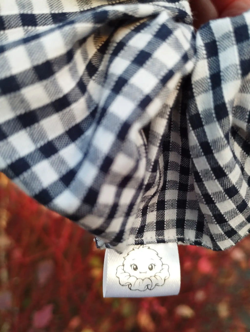 Scrunchlings character label and stitching on Ink Gingham Jumbo Scrunchie