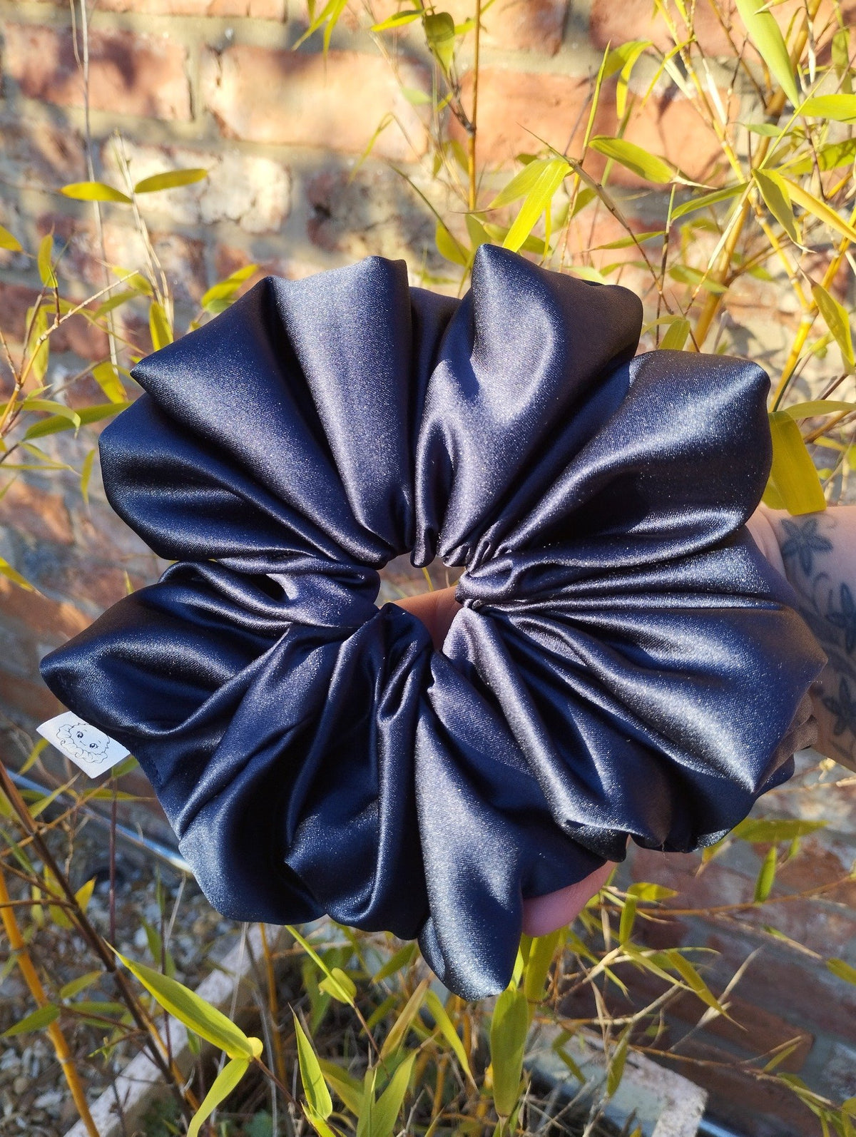Midnight Blue Satin Super Jumbo scrunchie, front view showing its full gathered shape