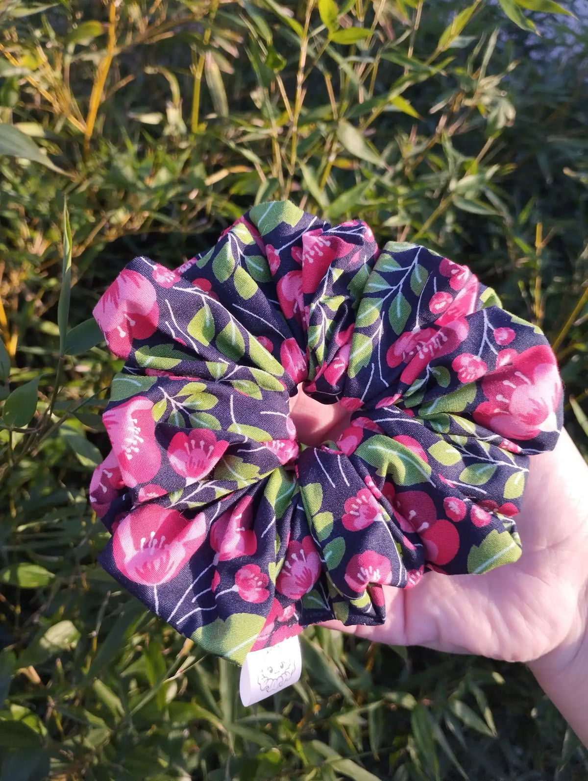 Midnight Poppies Jumbo Scrunchie, front view showing the gathered shape