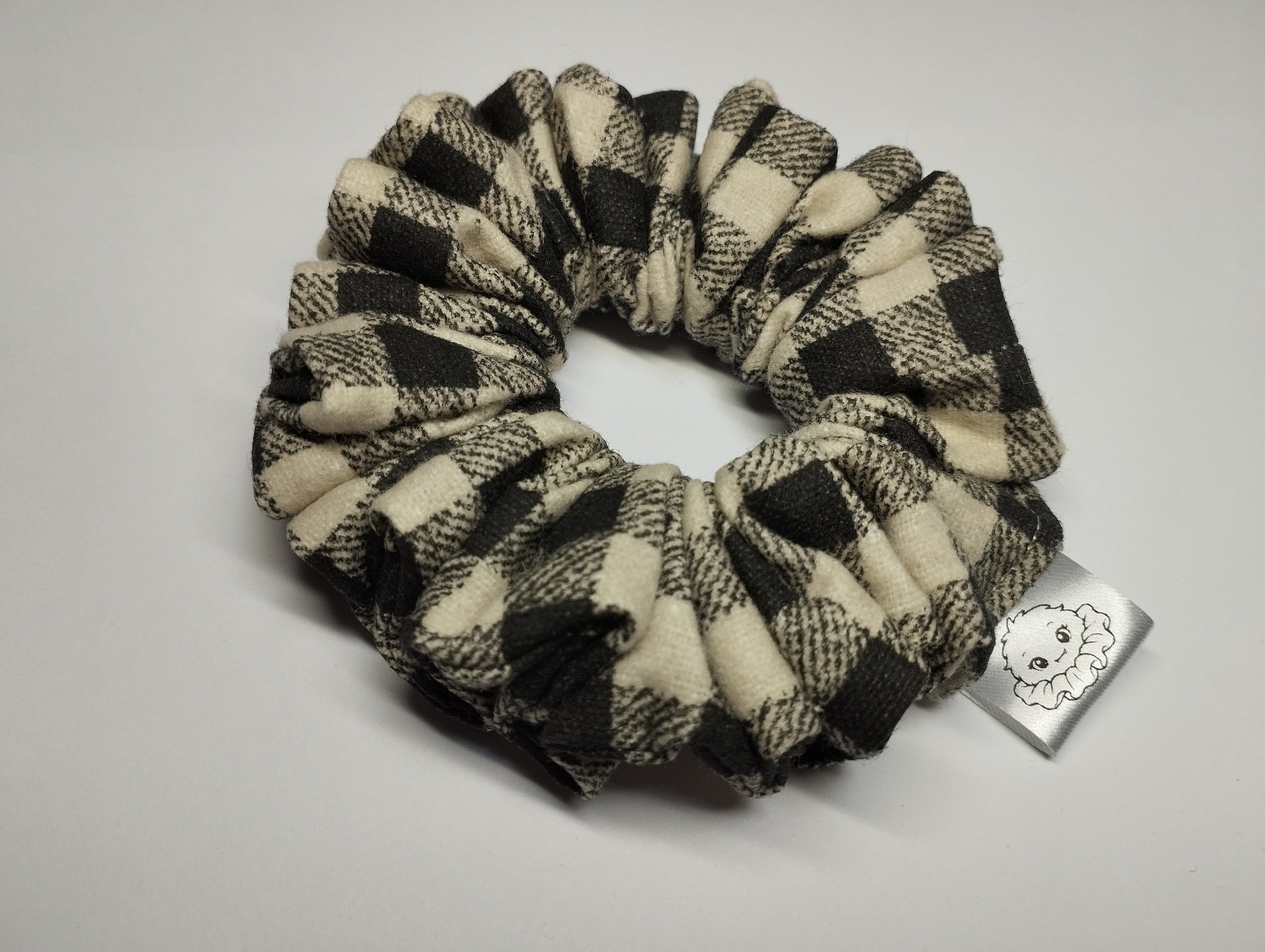 Monochrome Tartan medium scrunchie handmade in Cumbria by Scrunchlings