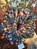 Navy Posy Jumbo Scrunchie, front view showing the gathered shape