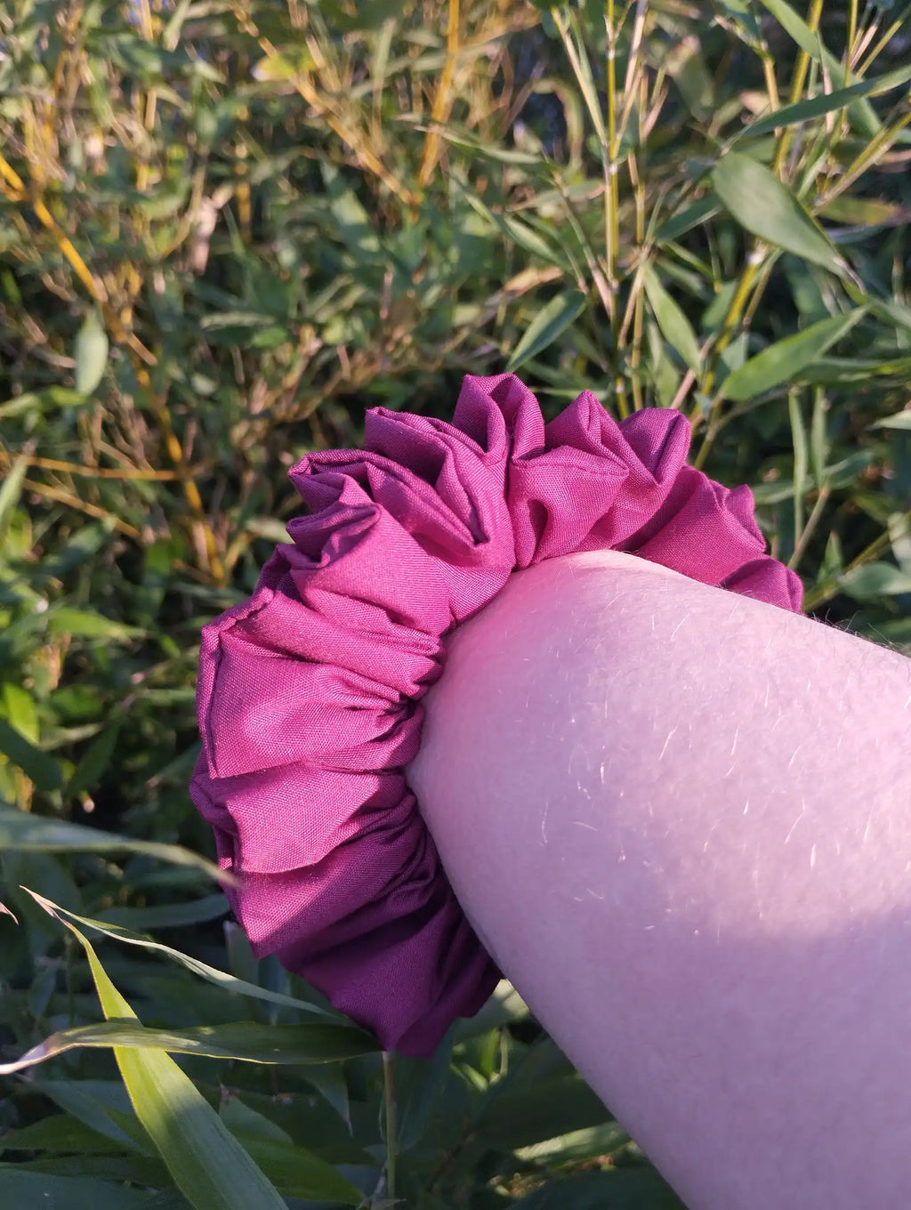Plum Jam Medium Scrunchie, worn on a wrist