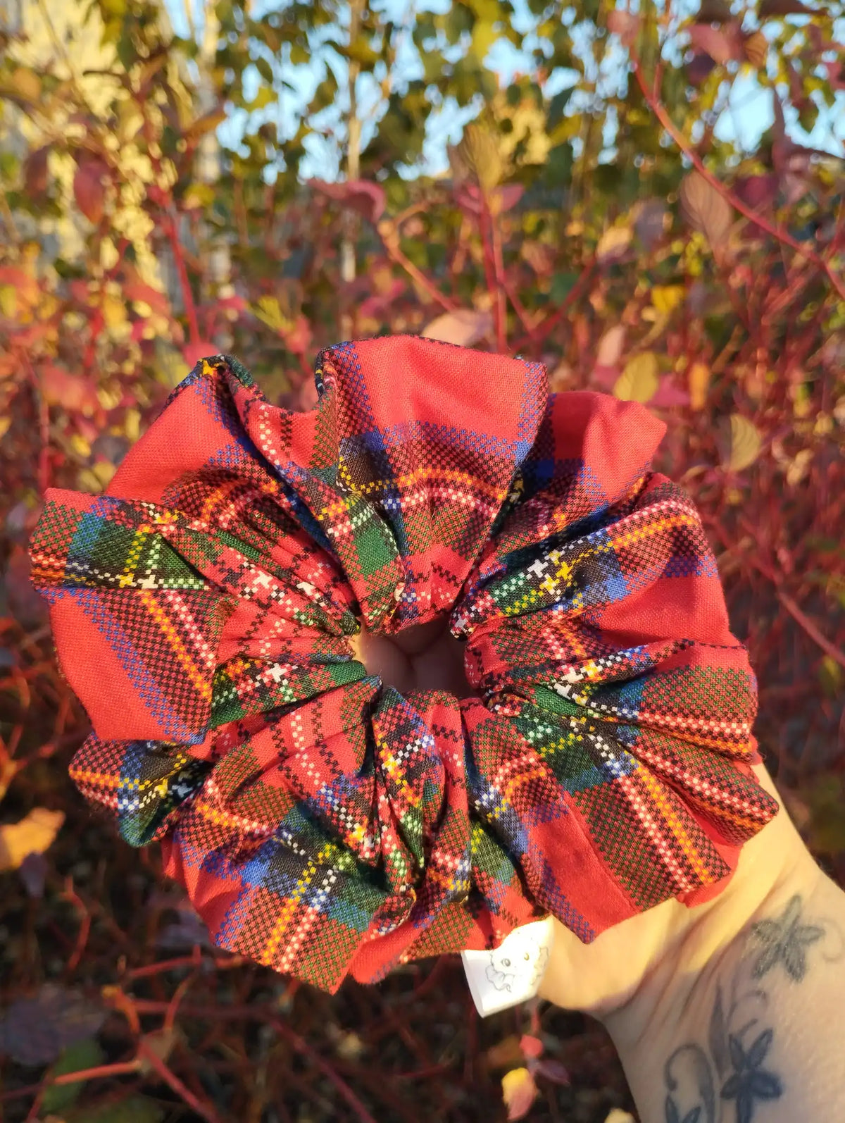 Red Tartan Jumbo Scrunchie, front view showing the gathered shape