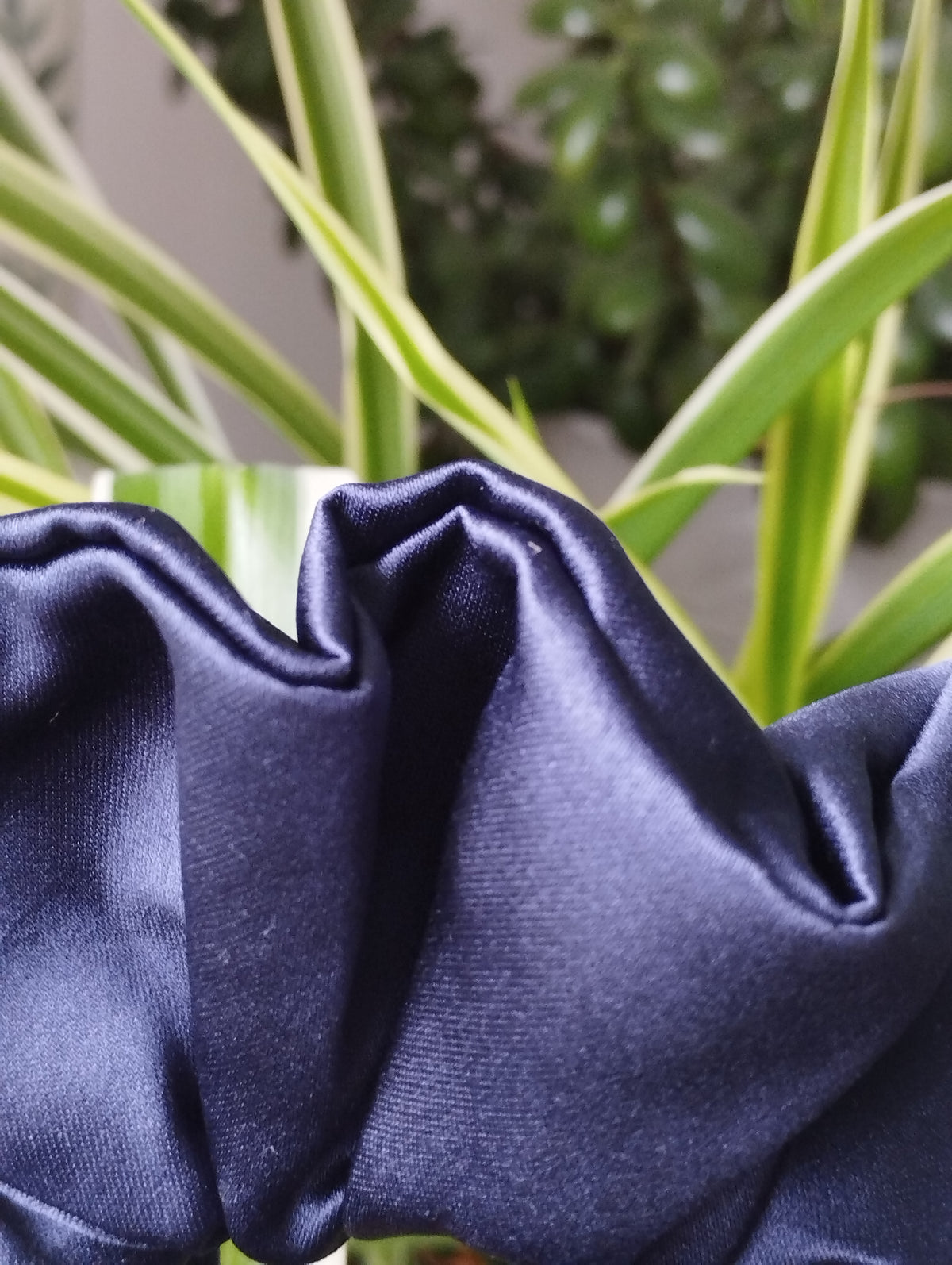Midnight navy blue jumbo satin scrunchie fabric close-up