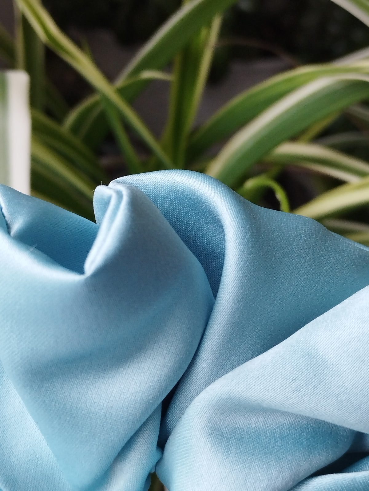 October Sky light blue jumbo satin scrunchie fabric close-up