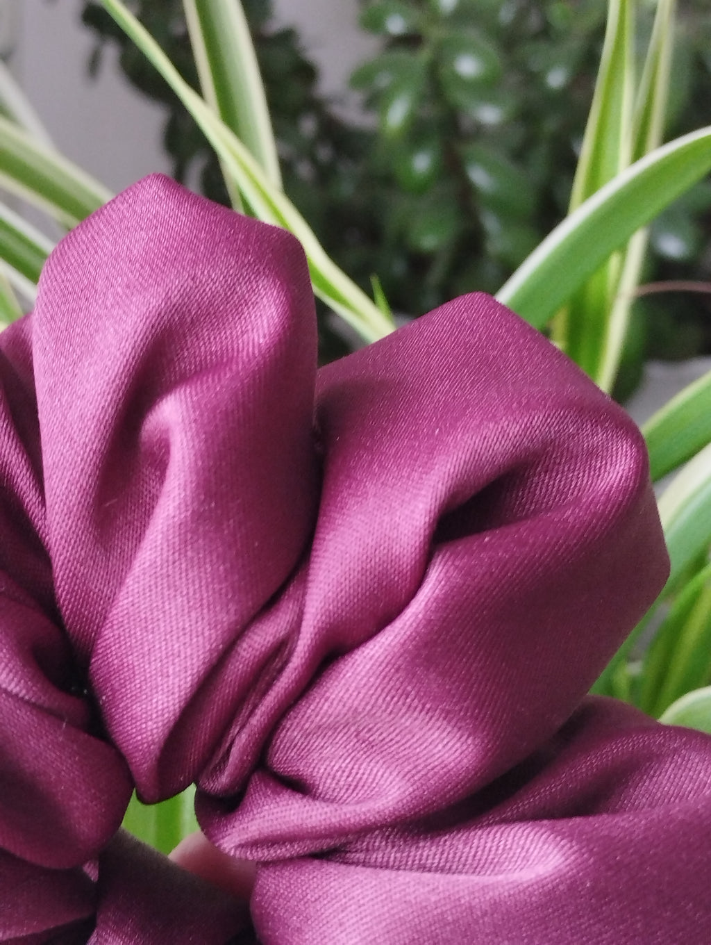 Ruby burgundy jumbo satin scrunchie fabric close-up