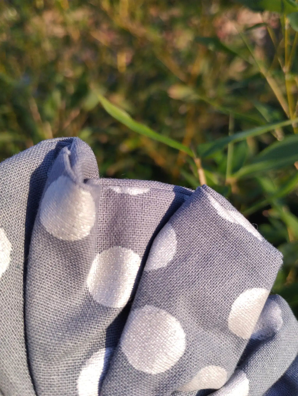 Close-up of the fabric texture and pattern on Silver Spot Jumbo Scrunchie
