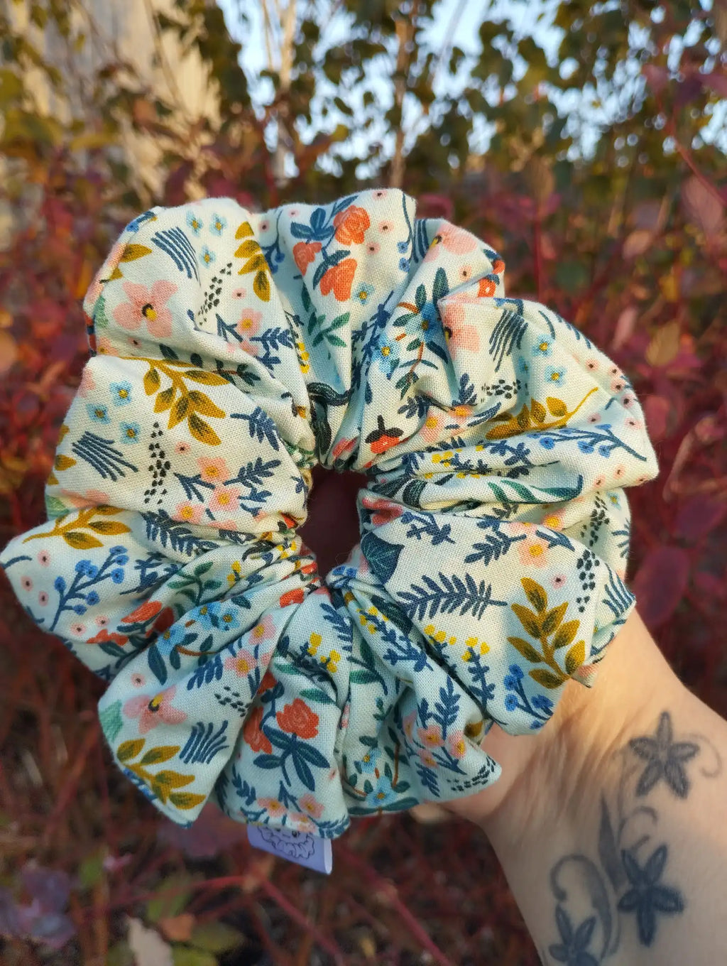 Soft Meadow Jumbo Scrunchie, front view showing the gathered shape