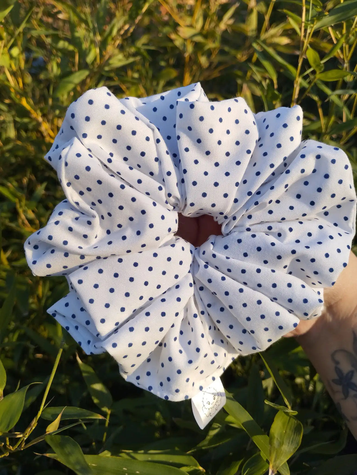 Speckle Dot Jumbo Scrunchie, front view showing the gathered shape