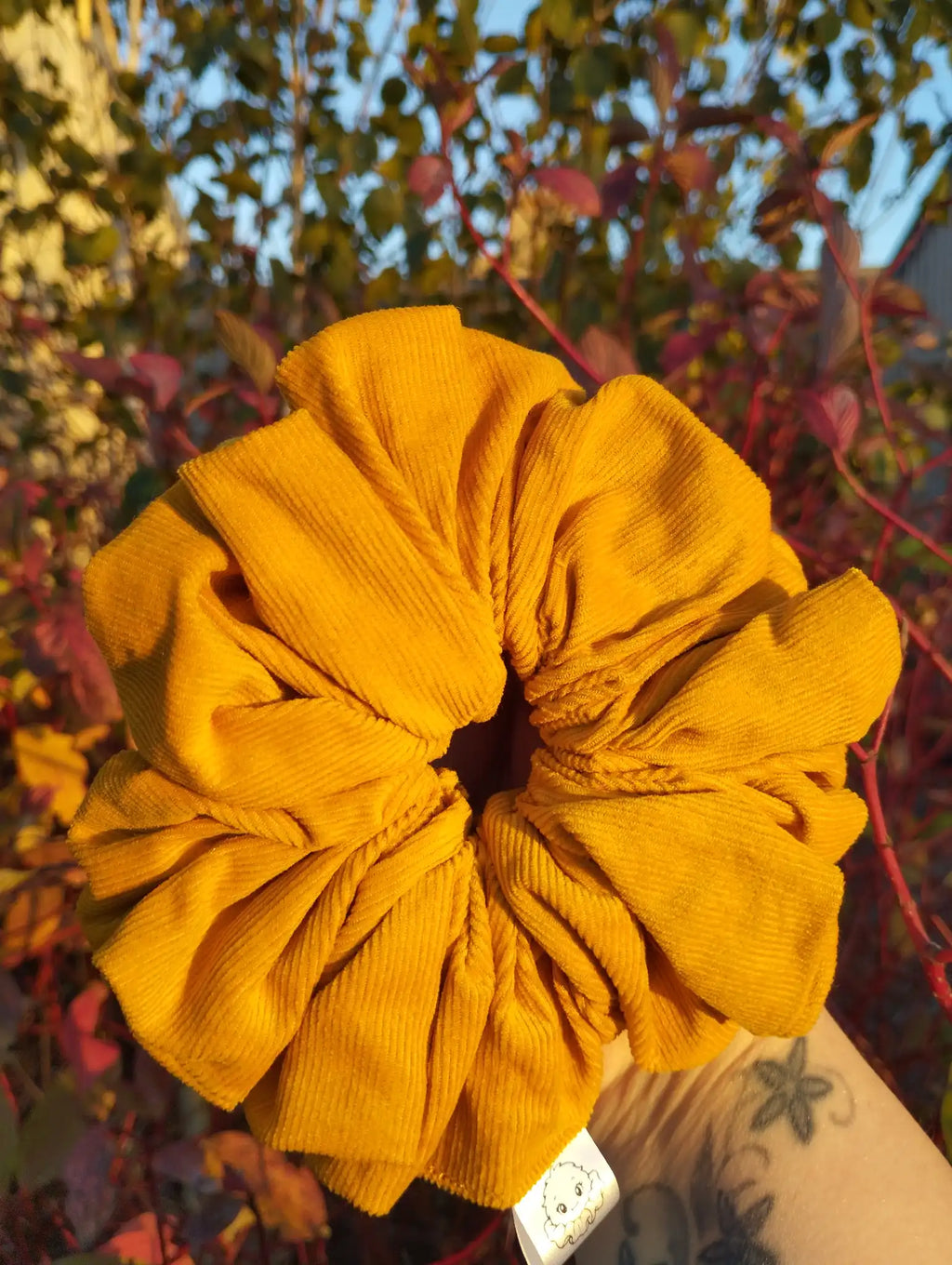 Sunflower Gold Jumbo Scrunchie, front view showing the gathered shape