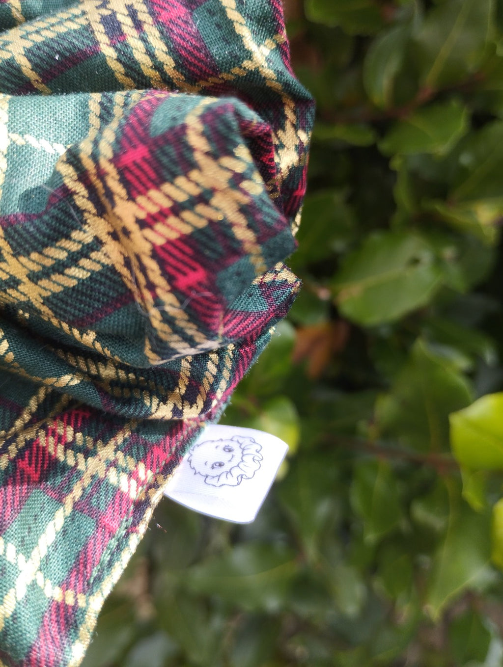 Woodland Tartan scrunchie stitching and Scrunchlings character label